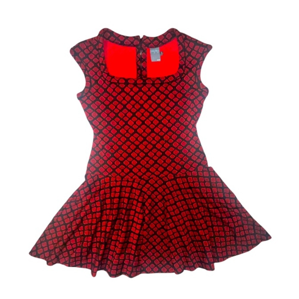 Gabby Skye Red Black Diamond Print Fit And Flare Dress Pleated Skater Women's 8